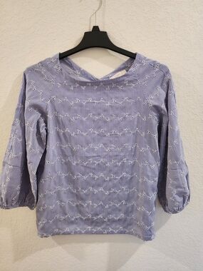 LOFT Striped Eyelet Boatneck Blouse - Blue